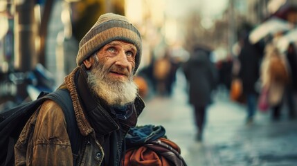 An elderly man with a long white beard and a striped beanie, wearing a brown jacket and a backpack, looking upwards with a content expression