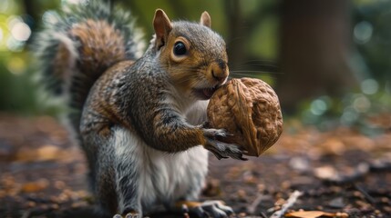 Fototapeta premium Squirrel holding a walnut, with the squirrel's fur in shades of gray and brown, and the walnut in a light brown color