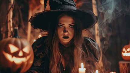 Naklejka premium Woman wearing witch halloween costume wallpaper background