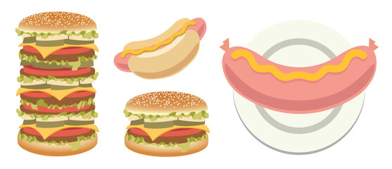 Retro Fast Food Set, Hamburger, Sausage and Hot Dog Mid-Century Modern Vector Illustration Collection
