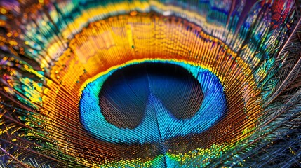 Obraz premium Close-up of a vibrant peacock feather, vivid colors and intricate details, macro shot