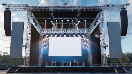 Stage concert large modern rigging and white blank screen technology,sound system,lighting power background wallpaper AI generated image