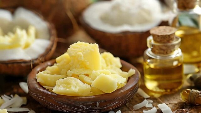 Shea butter, coconut oil, beeswax, essential oils, natural cosmetic ingredients, still life, skin care consept
