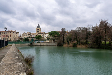 Fototapeta premium Saint Valery Church and Galaure River Mouth at the Rhone