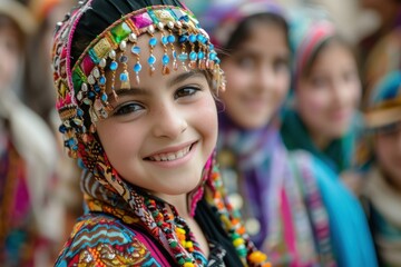 Fototapeta premium Closeup of a cheerful young girl wearing colorful ethnic attire with intricate beadwork at a lively cultural celebration