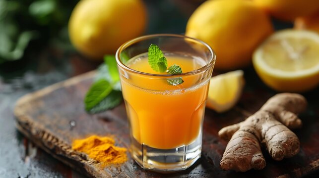 A daily detox shot with ginger, turmeric, and lemon juice in a small glass