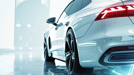 A white car is parked on a snowy road. The car is a sports car with a large wheel and a shiny finish. The scene is serene and peaceful