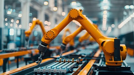 Manufacturing Automation. Advanced High Precision Robot Arms on Automated PCB Assembly Line Inside Modern Electronics Factory. Electronic Devices Production Industry. Component Installation Process.