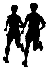 Young athletes run a marathon. Isolated silhouettes on white background