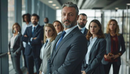 businessman in prime stands proudly with team, embodying essence of corporate success and unity, highlights dynamic group ready to tackle new business ventures and achieve goals.