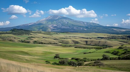 A breathtaking panoramic view of a large, green volcano with a fluffy white cloud hovering above its peak. Lush forests surround the volcano, and the sky is a bright blue with white fluffy clouds