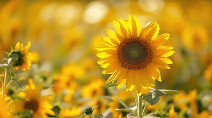 Fototapeta premium A vibrant sunflower standing tall in a field of sunflowers, basking in the warm sunlight, symbolizing happiness and positivity