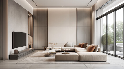 A modern living room with a large sectional couch and a flat screen TV