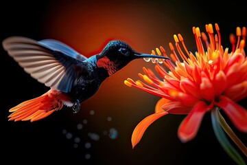 Fototapeta premium A tiny hummingbird hovers over a bright red flower, sipping nectar