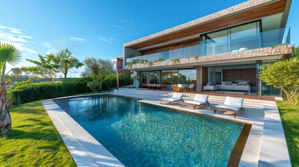 Illustration of luxury modern villa with swimming pool and greenery. Investment in real estate. Holiday and relax concept. Generative  AI.