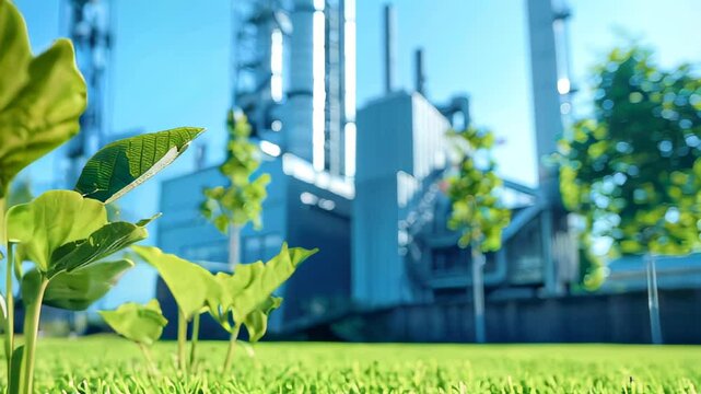 Industrial factory surrounded by lush green plants and vibrant grass. image highlights concept of ecofriendly industry and sustainable practices with clear blue sky in background.
