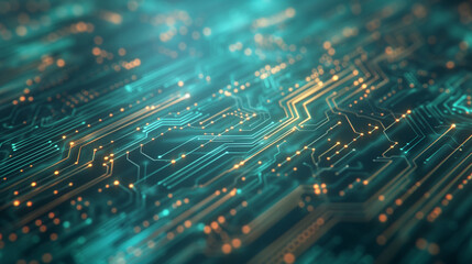 Obraz premium A computer chip with a blue background and orange and yellow lines