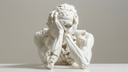 Sculpture of a man sitting down, with his head in his hands, appearing to be in a state of distress or sadness.