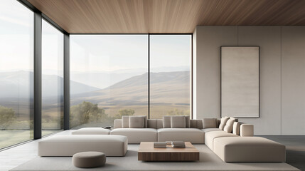 A large living room with a view of mountains