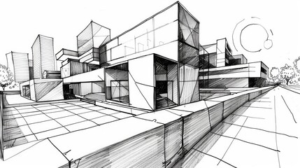 Construction housing project, real estate concept. Residential building blueprint plans. Pencil scetch