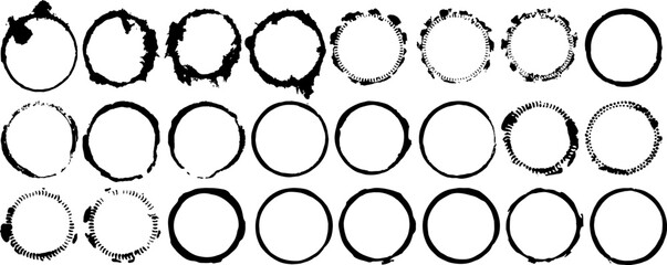 Vector set of black ink circles, each circle has a different size, shape, and texture. These circles could be used for design projects, graphic design, or artistic purposes.