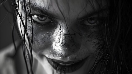 Fototapeta premium Close-up of a woman's face with dark hair, wearing makeup, and looking directly at the camera.