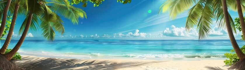 A tropical paradise with clear ocean, sandy beach, and swaying palm trees under a bright blue sky.