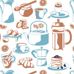 Pattern of traditional breakfast. Blue and brown colors. Vector flat illustration. Cafe and restaurant menu.