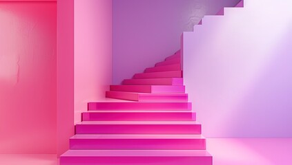 Surrealistic Bright Pink Staircase Leading to Light Purple Wall with Glowing Pink Stairs and Violet Hues in Hyper Realistic Style