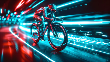 Futuristic Cyclist in Motion - Dynamic Red and Blue Lighting with Neon Effects and Speed Lines