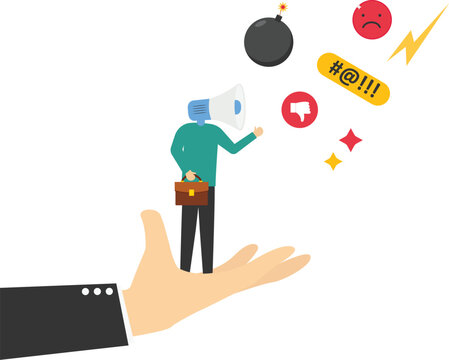 Furious boss megaphone head shouting complaint on everything. Complain on everything, blame other people, furious anger businessman complainer or displeased manager.

