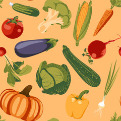 Vegetable pattern. Vector flat illustration. Restaurant, menu, farm, grocery store. Vegan and healthy lifestyle.