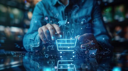 A person interacting with a holographic shopping cart, symbolizing digital retail and future e-commerce technology.