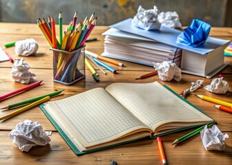 Cluttered desk with open textbook, pencils, and crumpled papers, surrounded by torn worksheets and abandoned math problems, convey the struggles of a learning disabled child.