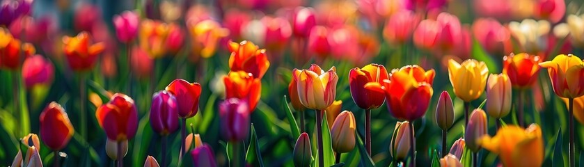 Obraz premium A vibrant field of tulips in various colors, capturing the beauty of spring blooms under soft sunlight.