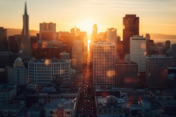 Fototapeta premium Breathtaking sunset over a vibrant city skyline, showcasing urban architecture and warm golden hues in a tranquil atmosphere.