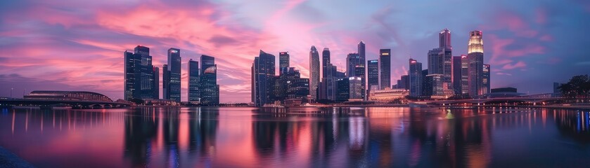 Stunning city skyline at sunset, with modern architecture reflecting on calm waters, showcasing vibrant colors and urban beauty.