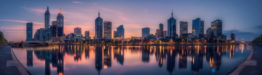 Stunning city skyline at twilight reflecting in calm water, showcasing modern architecture and vibrant colors.