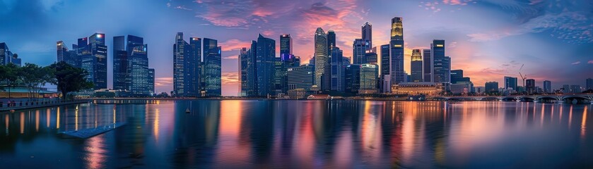 Fototapeta premium Stunning panoramic view of a city skyline at twilight, reflected in a calm water body, showcasing architectural beauty and serenity.