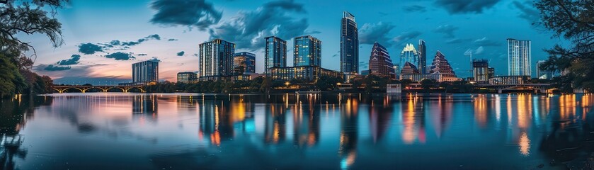 Obraz premium Stunning skyline view at sunset, reflecting vibrant city lights over calm water, showcasing modern architecture and serene ambiance.