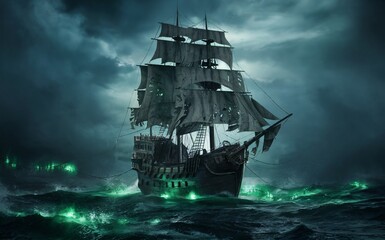A ghost ship sailing through misty waters, with tattered sails and eerie green lights