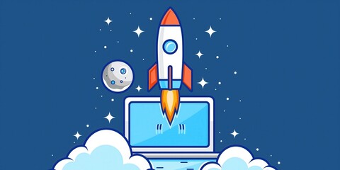 Naklejka premium Rocket Launching from Laptop in Cosmic Background created by ai