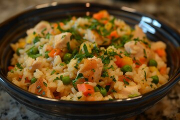 Savory chicken risotto with carrots, peas, and fresh parsley served in a deep blue bowl