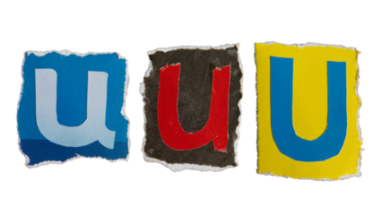 U alphabet torn from a magazine paper. Ransom note style letters.
