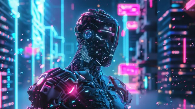 Portrait cyborg robotic man in futuristic cyberpunk background