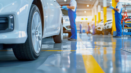 Obraz premium Vehicle in a workshop, in the background blurred are car mechatronics technicians