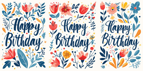 Hand-drawn birthday illustration with floral elements, Festive birthday greeting card design with flowers and leaves
