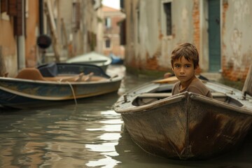 Obraz premium Young boy sits calmly in a rustic boat on a quiet venice canal