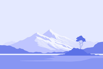 Minimalist landscape poster with lonely tree on island against mountain. Wild nature scene hand drawn painting. Lake and cliffs at twilight art wallpaper for prints and decoration. Vector illustration
