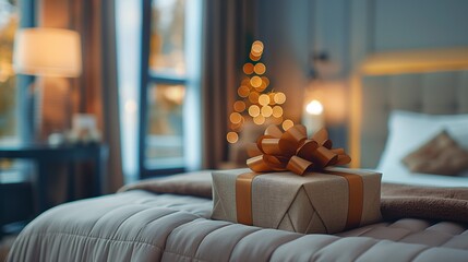 Gift box packed and decorated with a bow on the table. Welcome gift box, hotel